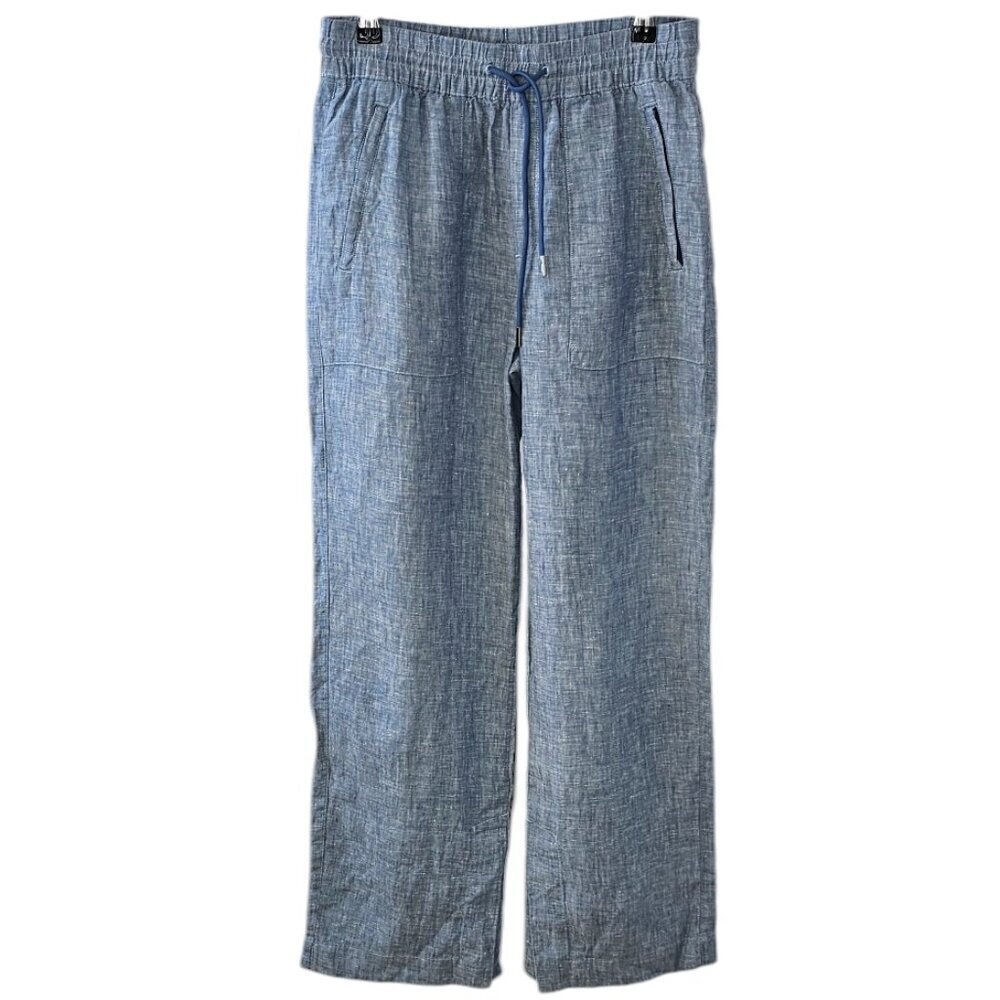 Athleta Womens Reatreat Linen Wide Leg Pant Size 2 Blue 100% Linen Slit Bottom